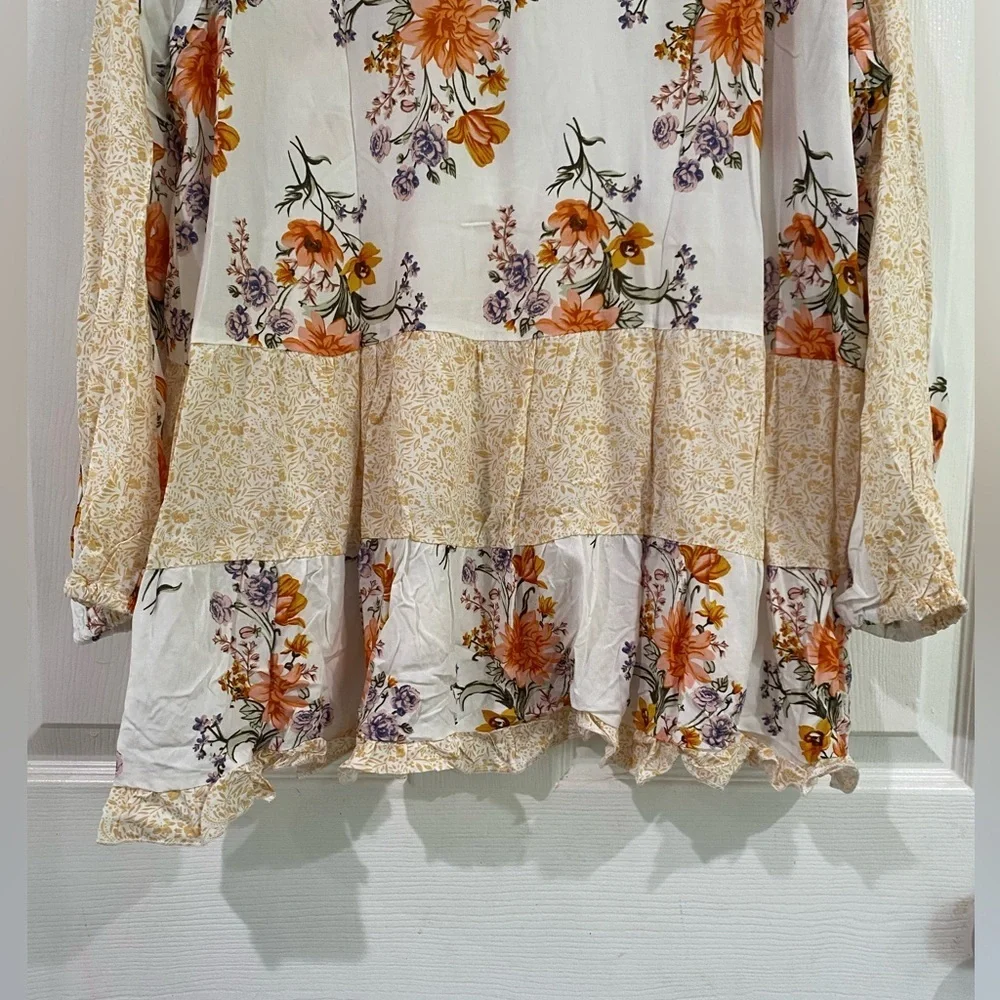 Bohemian White Floral Top Boutique Viscose Long Sleeve Flowy - Picture 7 of 9